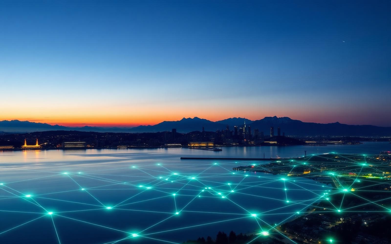 Geneva at dusk, with a glowing network overlay