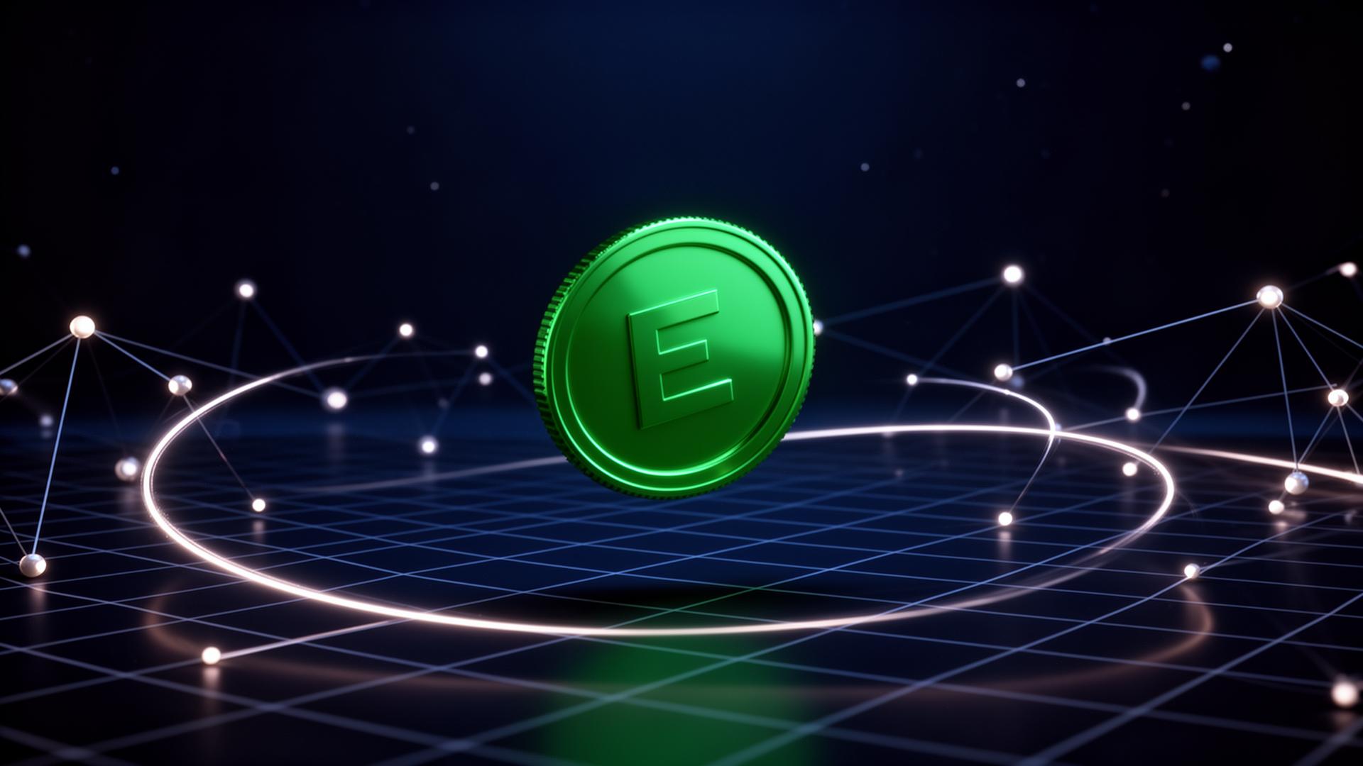EMINT digital coin floating in a global payment network